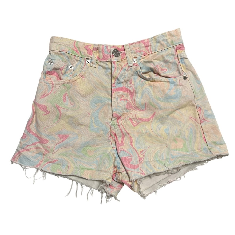 Zara Pastel Marble Swirl High Waisted Denim Shorts Raw Hem Women's 2 Festival